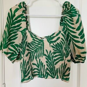 H&M Green Smocked Crop Blouse with Puff Sleeves